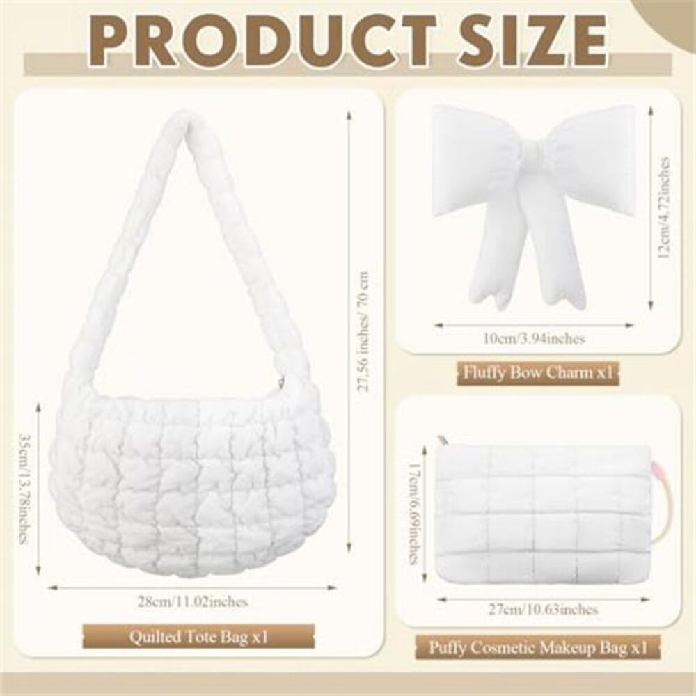 Large Puffer Tote Bag for Women Quilted Puffy Handbag with Zipper - Picture 2 of 6